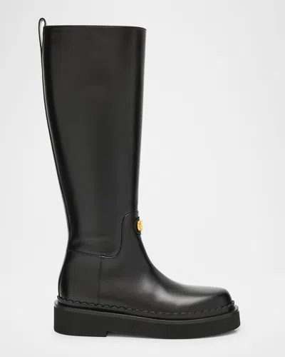 Valentino Vitello Brass Vlogo Leather Knee-high Boots In Black