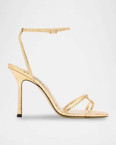 Jimmy Choo Snake-embossed 1998 Leo Metallic Leather Ankle-strap Sandals In Gold