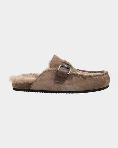 Brunello Cucinelli Suede Shearling-lined Mules In Brown