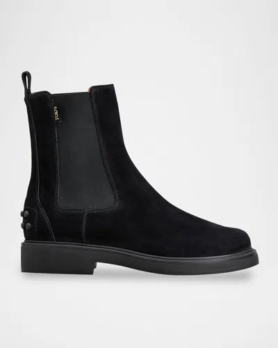 Tod's Suede Ankle Boots With Round Toe And Elastic Inserts In Black