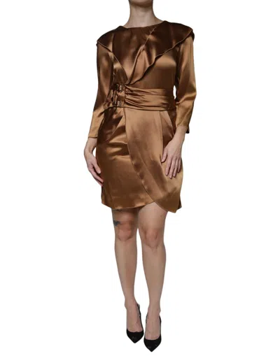 Pre-owned Emporio Armani Brown Satin Long Sleeves Wrap Sheath Mini Women's Dress ()