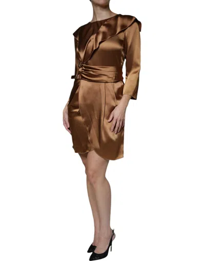 Pre-owned Emporio Armani Brown Satin Long Sleeves Wrap Sheath Mini Women's Dress ()