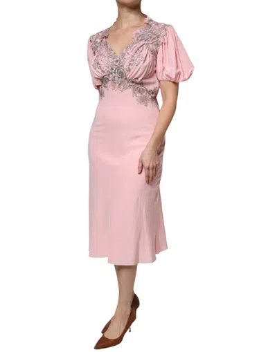 Ermanno Scervino Pink Floral Lace Short Sleeves V-neck Midi Women's Dress In Pink