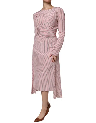 Pre-owned Ermanno Scervino Pink Stripes Silk Long Sleeves Midi Women's Dress ()