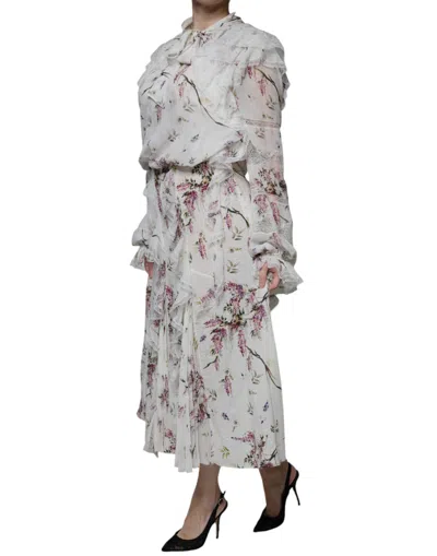 Pre-owned Ermanno Scervino White Floral Ruffles Lace Long Sleeves Maxi Women's Dress ()