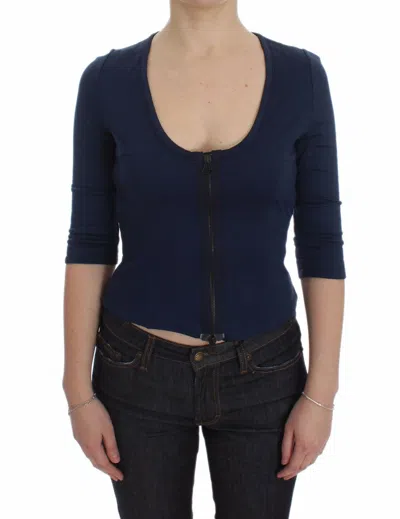 Exte Blue Cotton Top Zipper Deep Crew-neck Sweater In Blue