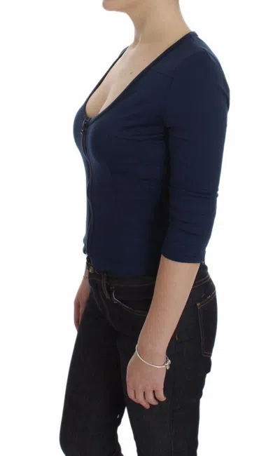 Exte Blue Cotton Top Zipper Deep Crew-neck Sweater In Blue