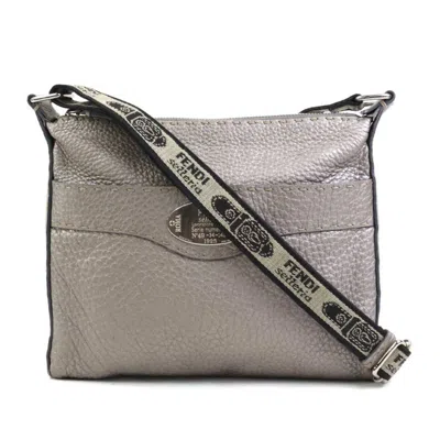 Pre-owned Fendi Metallic Gray Leather Canvas Shoulder Bag ()