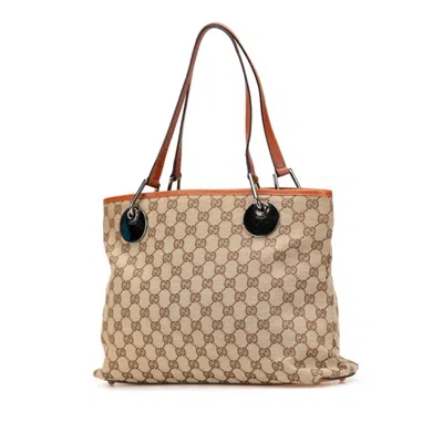 Pre-owned Gucci Beige Brown Canvas Leather Shoulder Bag Tote Bag () In Multi