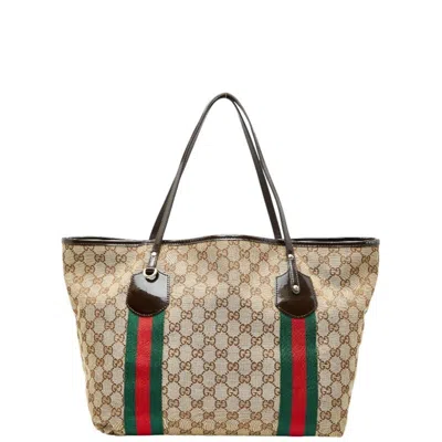 Pre-owned Gucci Beige Brown Canvas Shoulder Bag Tote Bag () In Multi