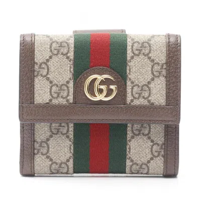 Pre-owned Gucci Beige Brown Leather Coated Canvas Wallet (bi-fold) () In Multi