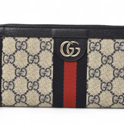 Pre-owned Gucci Beige Navy Coated Canvas Long Wallet (bi-fold) () In Multi