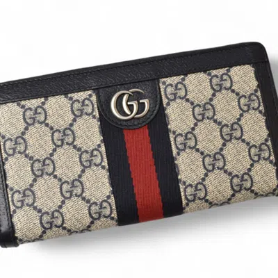 Pre-owned Gucci Beige Navy Coated Canvas Long Wallet (bi-fold) () In Multi