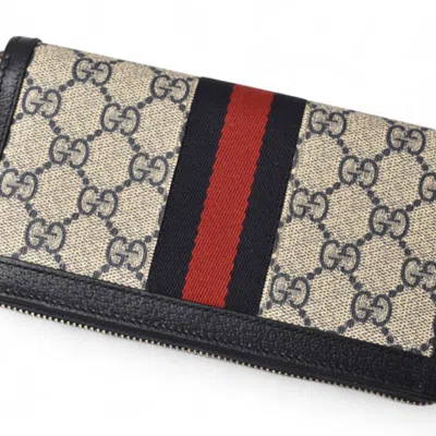Pre-owned Gucci Beige Navy Coated Canvas Long Wallet (bi-fold) () In Multi