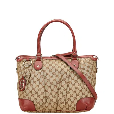 Pre-owned Gucci Beige Red Color Canvas Leather Shoulder Bag Tote Bag () In Multi