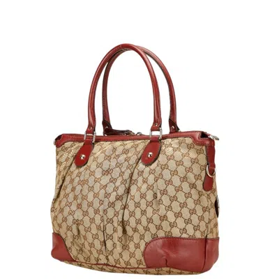 Pre-owned Gucci Beige Red Color Canvas Leather Shoulder Bag Tote Bag () In Multi