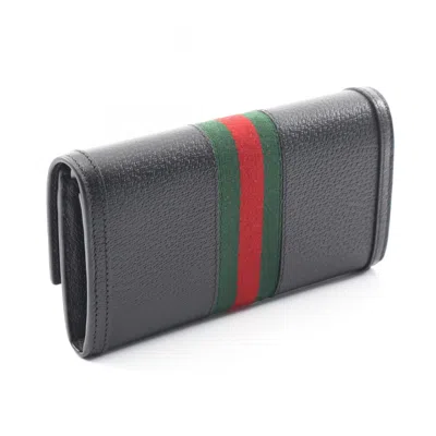 Pre-owned Gucci Black Green Red Color Leather Long Wallet (bi-fold) () In Multi