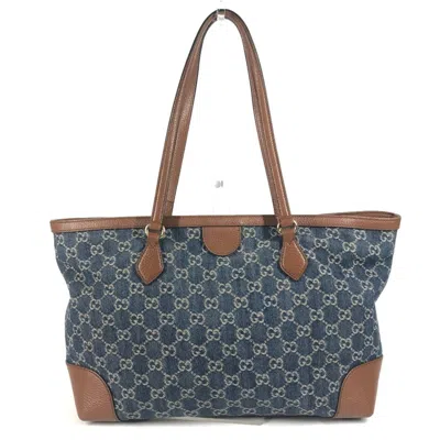 Pre-owned Gucci Blue Brown Denim Leather Shoulder Bag Tote Bag () In Multi