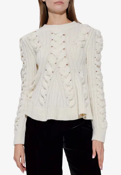Alexander Mcqueen Chunky Cable Knit Peplum Sweater In White