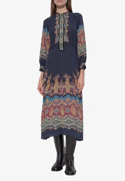 Etro , Dress With Placed Paisley Print, Woman, Blue, Size 44 In Black