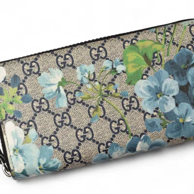 Pre-owned Gucci Gg Blooms Beige Blue Coated Canvas Long Wallet (bi-fold) ()