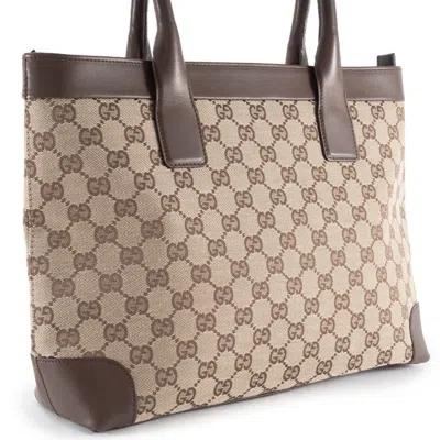 Pre-owned Gucci Gg Canvas Beige Brown Gg Canvas Leather Tote Bag ()