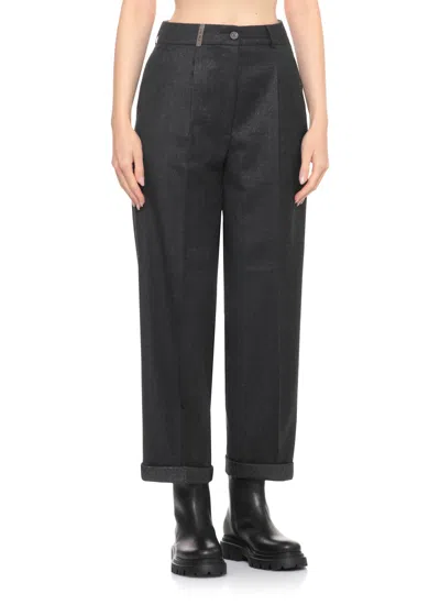 Peserico Pants With Leather Detail In Gray