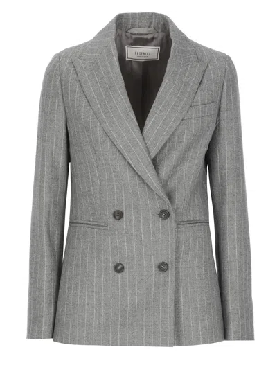 Peserico Double Breasted Pinstriped Wool Blazer In Gray