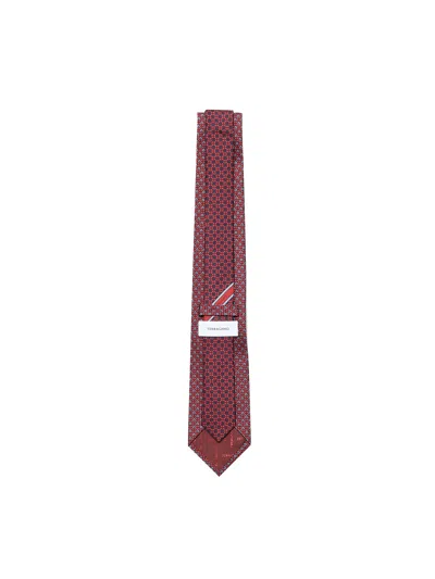 Ferragamo Silk Tie With Gancini And Hearts Print In Red