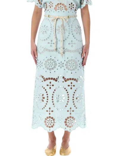 Zimmermann Awaken Light Blue Broderie Anglaise Midi Skirt In Green