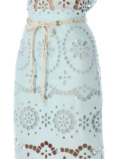 Zimmermann Awaken Light Blue Broderie Anglaise Midi Skirt In Green