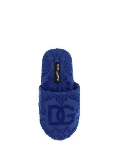 Dolce & Gabbana Jacquard Cotton Terry Slippers In Blue