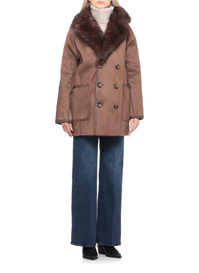 Betta Corradi Faux-fur Collar Double-breasted Coat In Brown