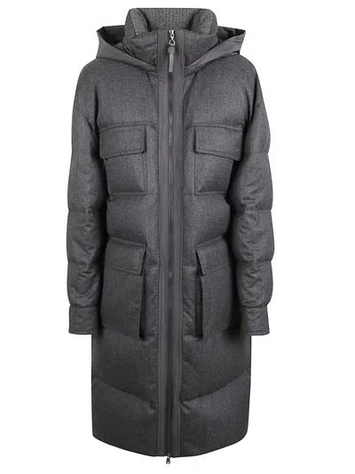 Brunello Cucinelli Long Quilted Down Jacket Hooded In Gray