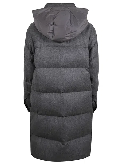 Brunello Cucinelli Long Quilted Down Jacket Hooded In Gray