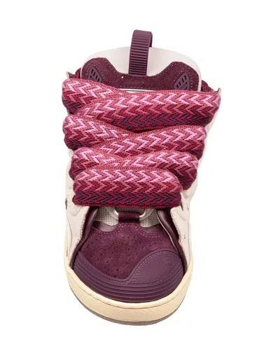 Lanvin Curb Leather And Fabric Sneakers In Beige And Burgundy In Multi