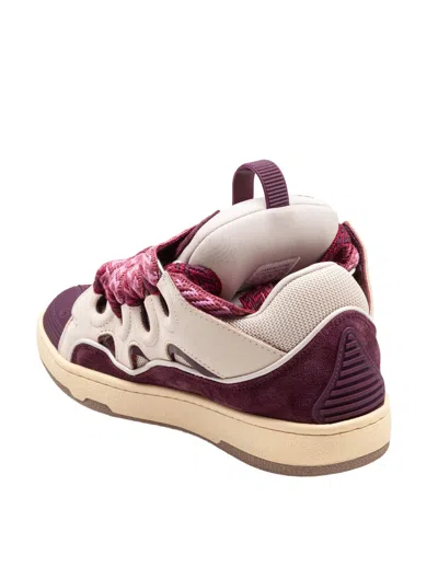 Lanvin Curb Leather And Fabric Sneakers In Beige And Burgundy In Multi