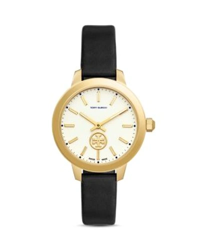 Shop Tory Burch Collins Leather Strap Watch, 38mm In Black