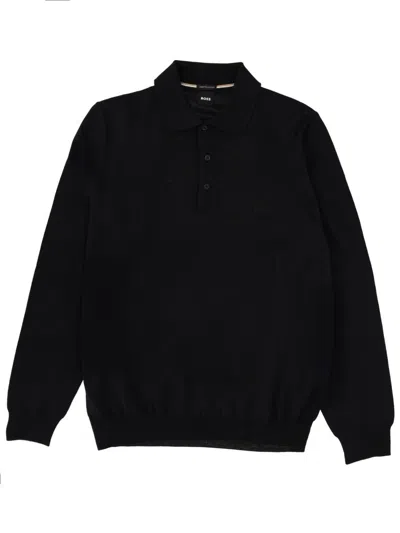 Hugo Boss Polo Collar Knit Sweater With Ribbed Cuffs In Black