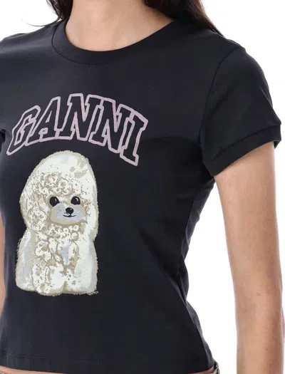 Ganni Washed Black T-shirt With Poodle Print In Animal Print