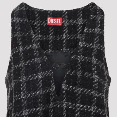 Diesel Mini Dress Checked Pattern Sleeveless V-neckline In Black