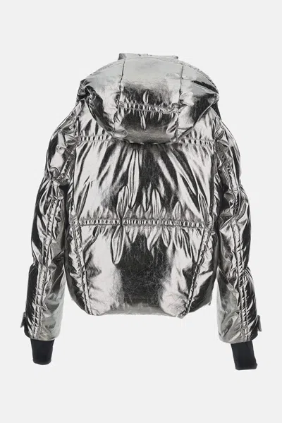 Moncler Calaque Metallic Hooded Down Ski Jacket In Silver