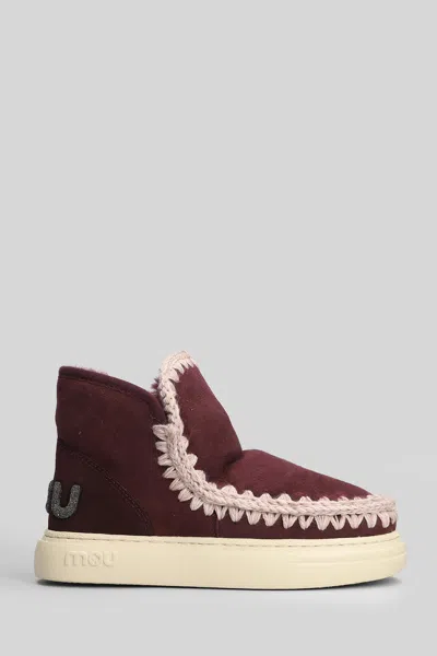 Mou Eskimo Sneaker Bold Low Heels Ankle Boots In Bordeaux Suede In Burgundy