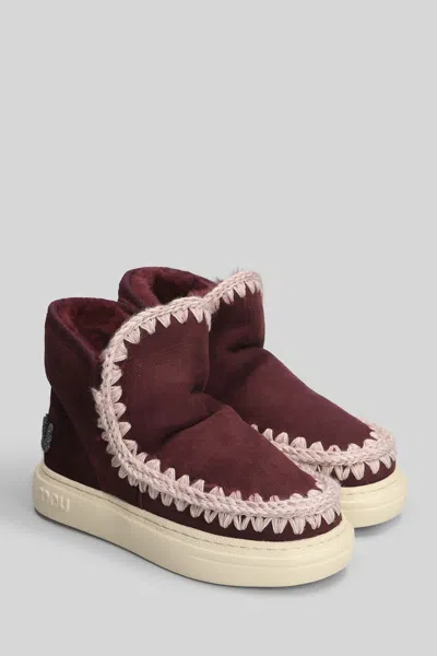 Mou Eskimo Sneaker Bold Low Heels Ankle Boots In Bordeaux Suede In Burgundy