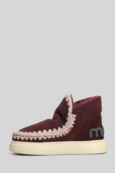 Mou Eskimo Sneaker Bold Low Heels Ankle Boots In Bordeaux Suede In Burgundy