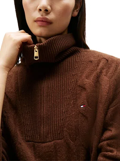Tommy Hilfiger Cable-knit Half-zip Knitwear In Brown