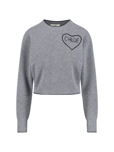 Chloé Cropped Wool Knit Sweater With Logo In Gray
