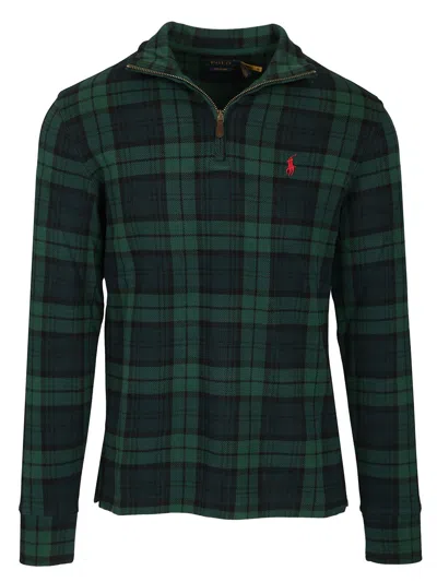 Ralph Lauren Half-zip Plaid-pattern Sweater In Green