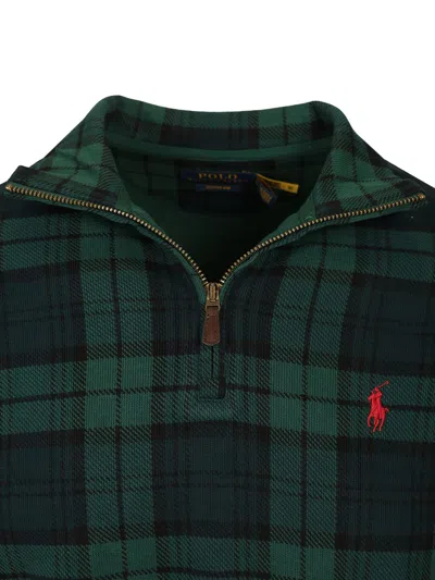Ralph Lauren Half-zip Plaid-pattern Sweater In Green