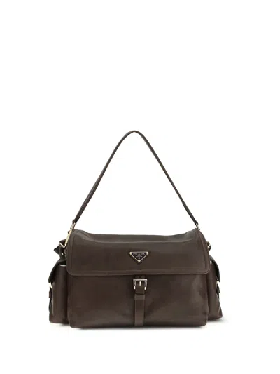 Prada Explore Large Leather Shoulder With Flap Bags In Brown